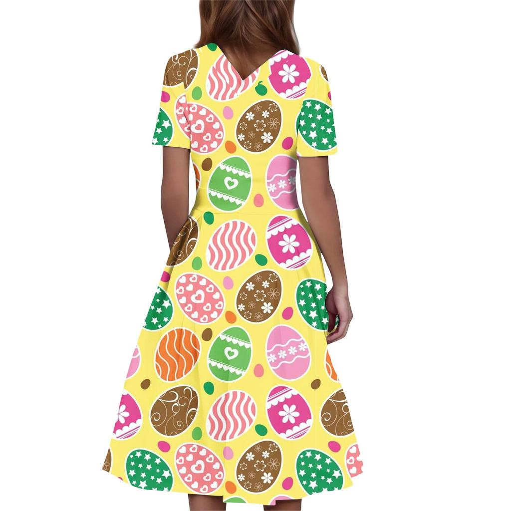 Женское повседневное модное платье с пасхальным принтом, круглое платье с коротким рукавом и талией, средней длины (с молнией)