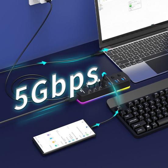 Док-станция для ноутбука USB 7 в 1, многопортовый USB 3.0, независимый переключатель, порт питания RGB, высокоскоростной адаптер USB-концентратора, компьютерные аксессуары