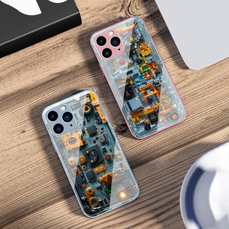 Механическое устройство черное Для IPhone 16 Pro Max 15 Pro 14 13 12 Mini 11 XS Max XR 7 8 Plu SE 2022 Закаленное стекло Чехол для телефона