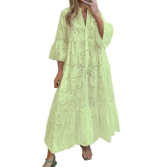 Elegant Solid Color Embroidery Lace Maxi Dress V-neck 3/4 Flared Sleeve Hollow Out Flower Pattern Buttons Half Placket Ruffle Stitching Hem Dress