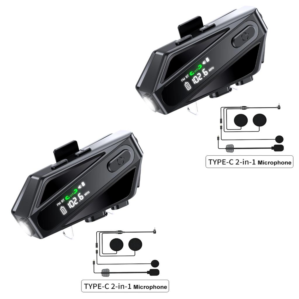 C6 Мотоциклетная Bluetooth-гарнитура 5.3 с экраном и фонариком, 500M Intercom, FM-радио, совместима со всеми шлемами