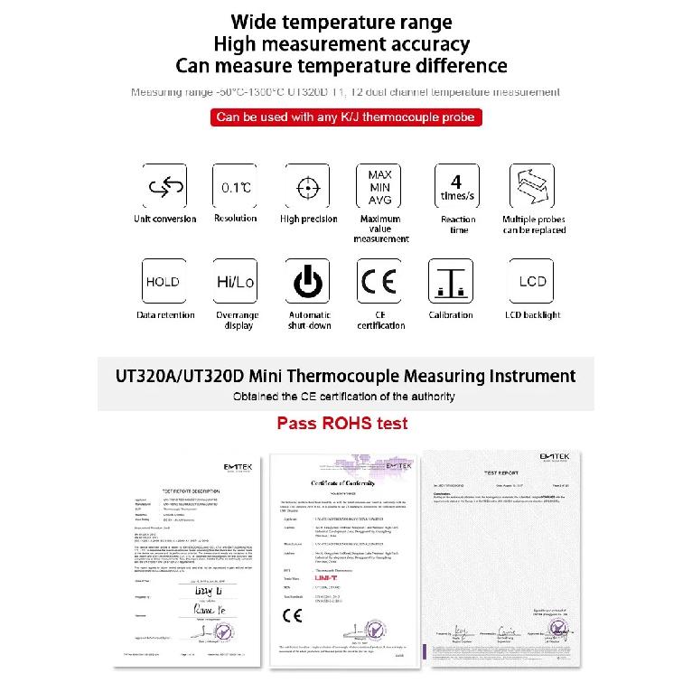 UNI-T UT320A UT320D Digital Thermometer Mini Dual Contact Thermocouple Type K J High Temperature Meter Tester -50℃ to 1200℃