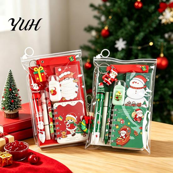 Festive Santa Stationery Christmas Set for Kids, Claus Snowman Writing Pens And Erasers Patterns Print, Holiday School Supplies Students Practical