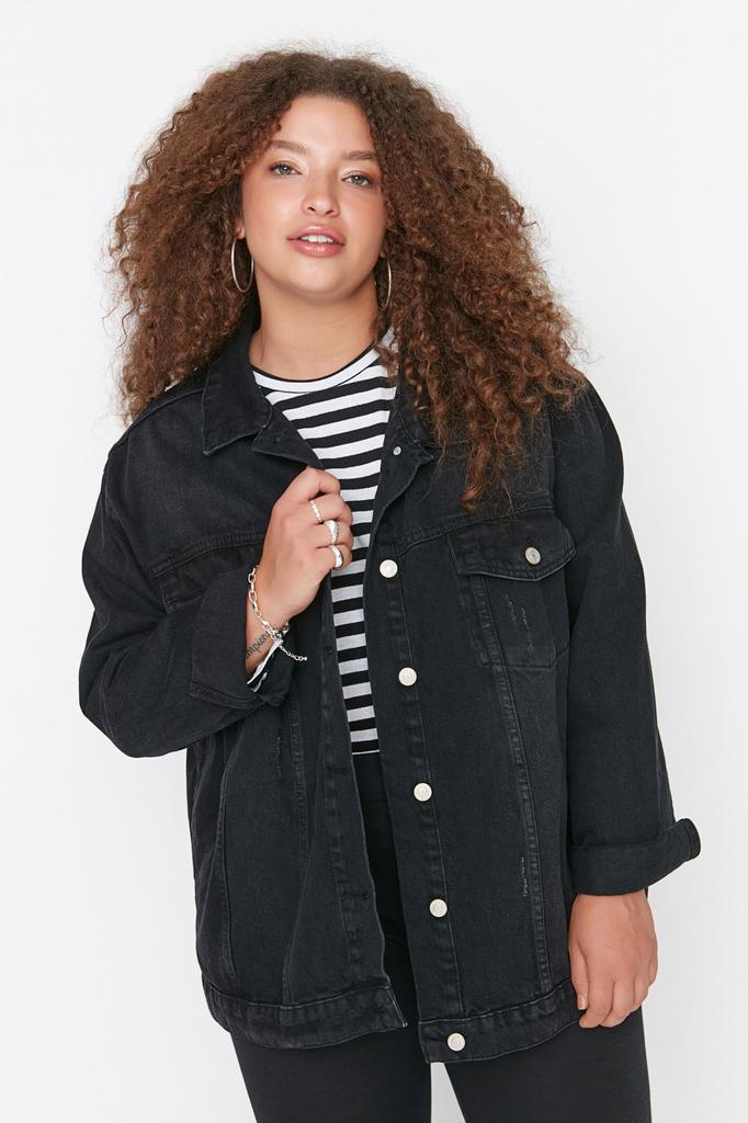 Women's Style Plus Size Anthracite Pocket Detailed Denim Jacket