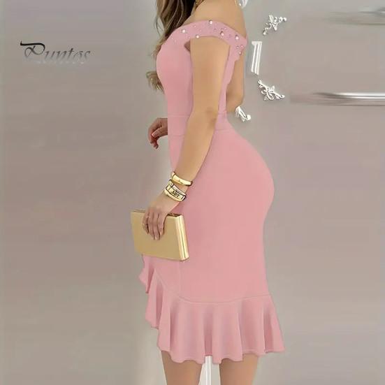 Evening Dress Off Shoulder Sheath Sleeveless Irregular Ruffle Hem Slim Fit Solid Color Faux Pearl Decor Midi Dress for Party Prom Wedding