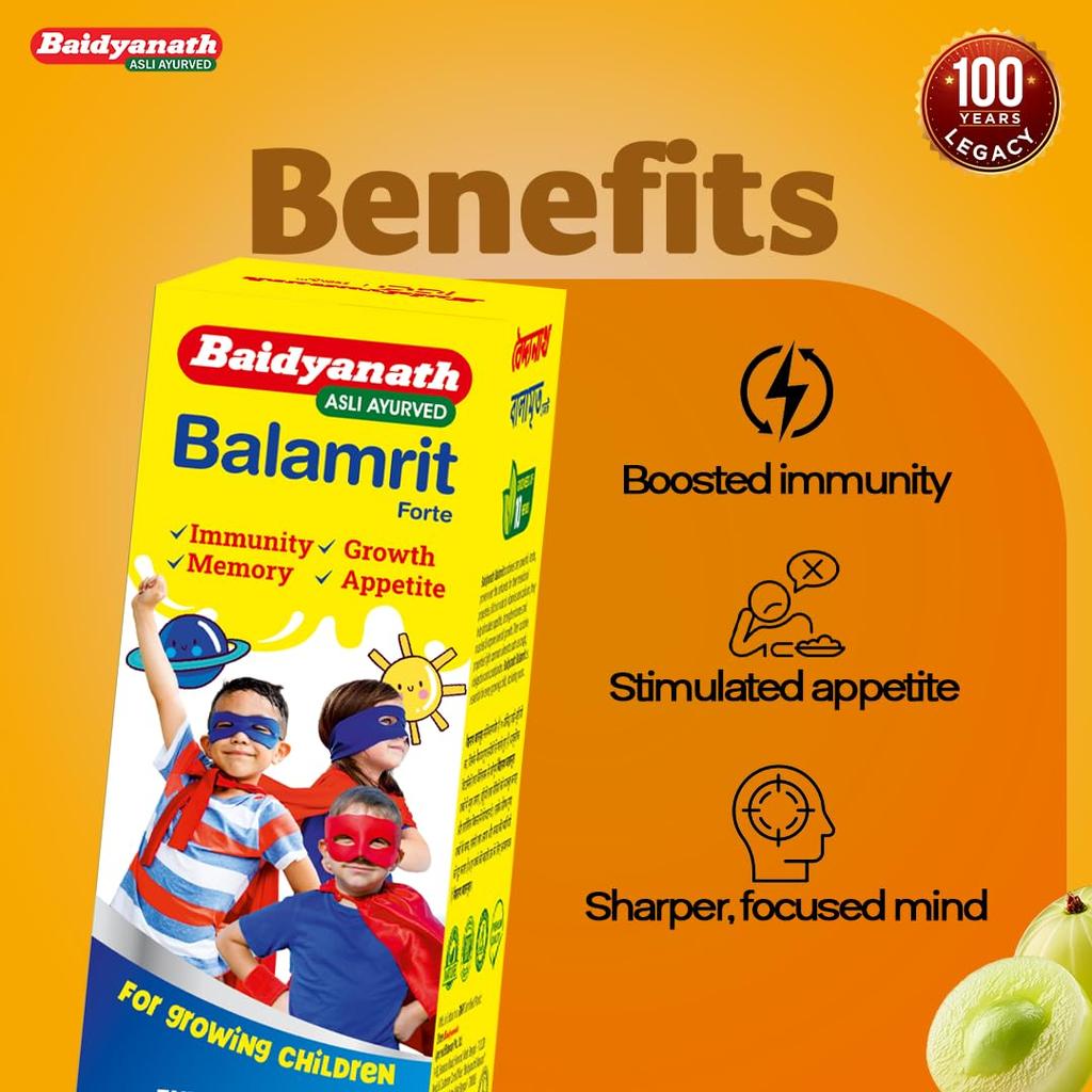 Baidyanath Balamrit Ayurvedic Kids Tonic 220 ml Herbal Growth Bone Strength Immunity Digestion Support 10 Herbs