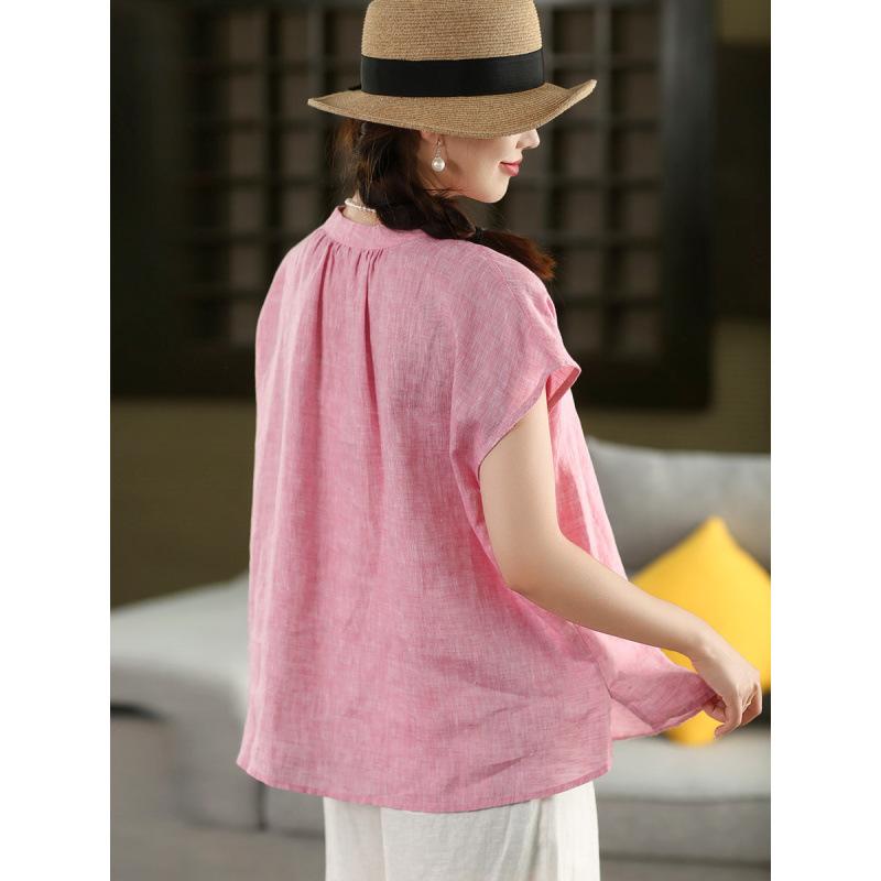 1116 Vintage Heavy Industry Yarn Linen Shirt Femininity Stand-Up Collar Shirt Single-breasted Short Sleeve Top