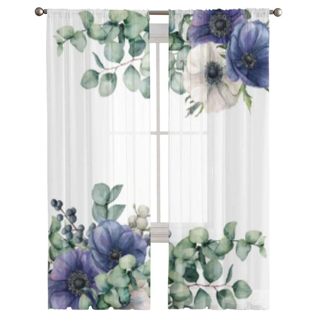 Прозрачные шторы с экзотическими цветами и листьями эвкалипта для спальни, гостиной, тюлевые шторы для кухни, вуаль, шторы