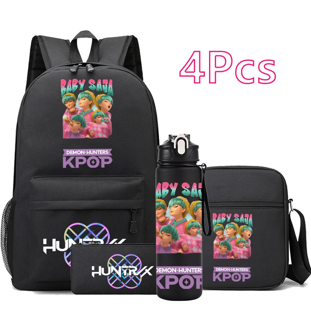 4 шт./компл. Аниме Мультфильм K-Pop Принт Рюкзак с бутылкой для воды 750 мл для Подростка Студента Девочки Мальчика Книжная сумка Детский Подарок Большая Вместимость Дорожная Сумка