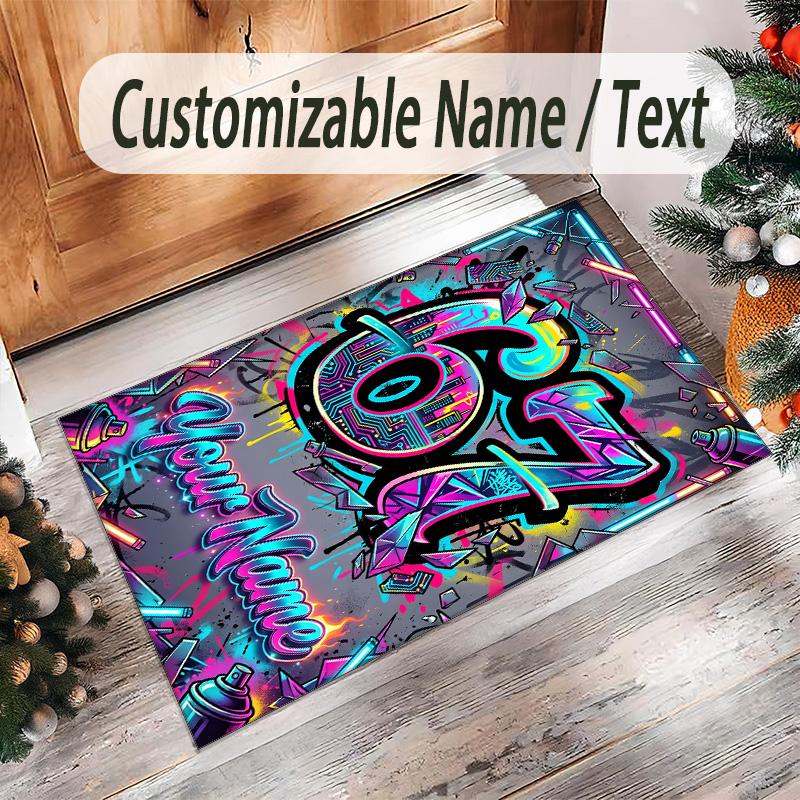 Graffiti Theme Crystal Velvet Rug Personalized Custom Name Text Soft Floor Mat Home Decor