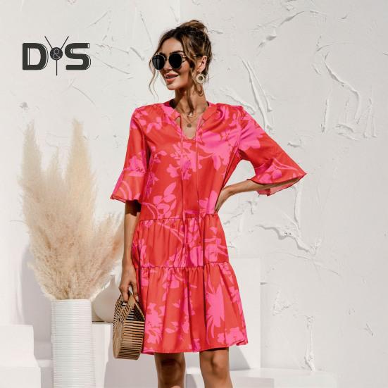 Женское летнее мини-платье с коротким рукавом и V-образным вырезом, плиссированное платье с принтом в стиле бохо, короткое платье-трапеция, пляжный многоярусный струящийся сарафан