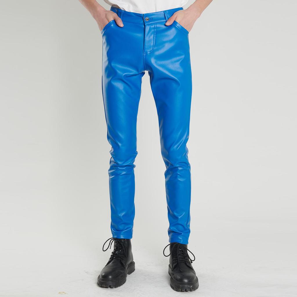 Men's Korean Style Slim Fit Motorcycle Leather Pants - Fleece-Lined, Skinny, Elastic, Spring/Autumn Trend