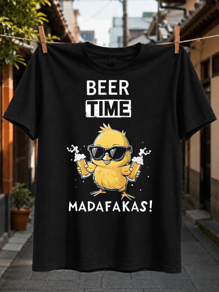 Beer Time MA D Afakas Cartoon Chick Graphic yellow chick in holding two foamy beer cheeky party Unisex All T-Shirt