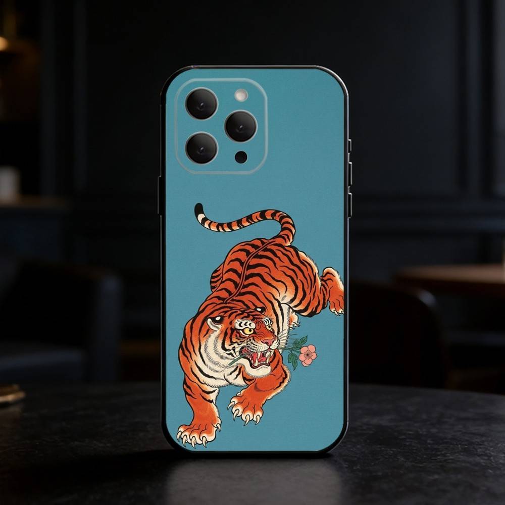Japanese Ukiyo-e Tiger Phone Case Silicone black Soft For IPhone 17,16,15,14,13,12,11,SE,Plus Pro Max
