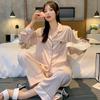 Удобные и легкие женские тонкие брюки из тонкого шелка с длинным рукавом, комплект из двух предметов для домашнего обихода в светло-розовом цвете на весну и осень