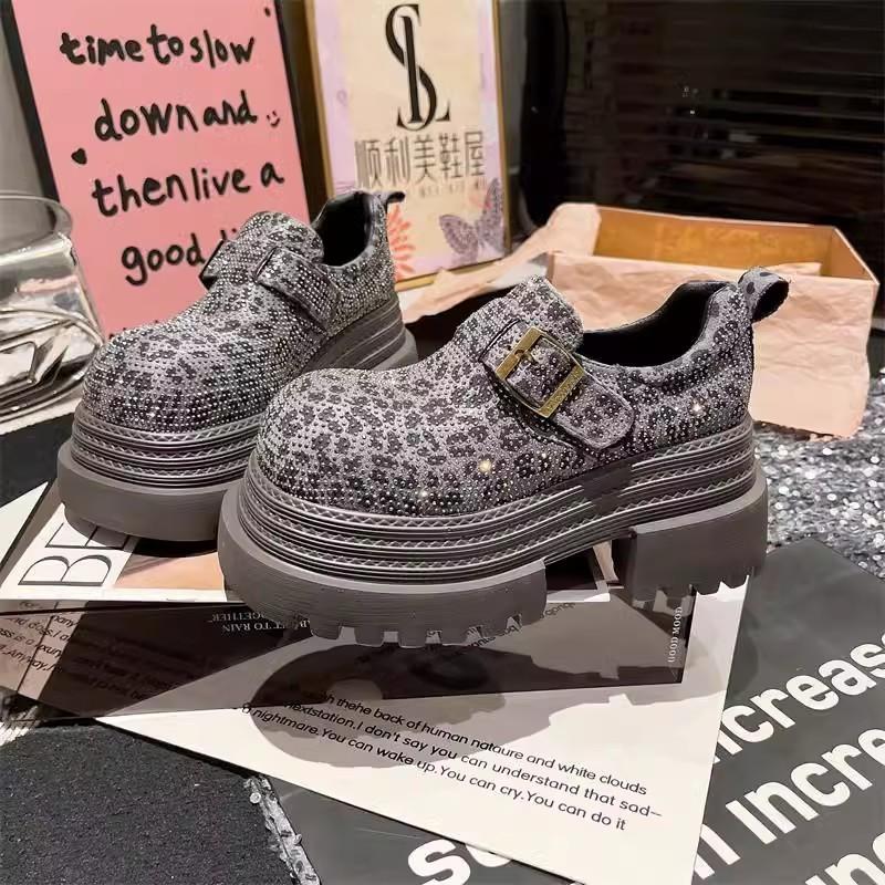 Fashion Spring Chunky Shoes Women's Fashion Round Head Deep Mouth Crystal Leopard Print Metal Buckle Waterproof Platform Heels