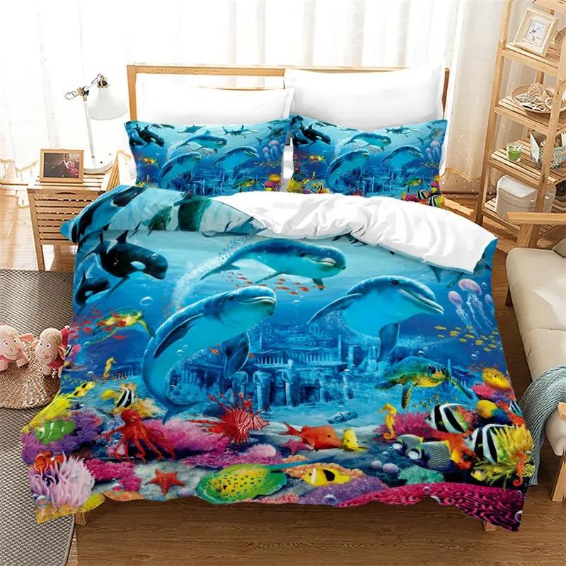 3D marine creature fish duvet cover and pillowcase, home double bedding set, bedroom decoration, gifts for boys and girls