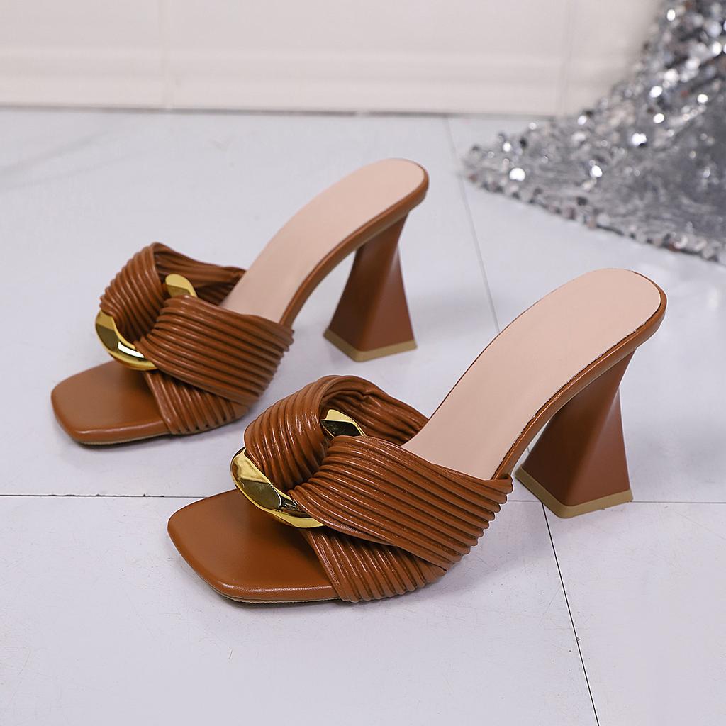 2025 summer new one-word with metal buckle thick heel cool slippers women's square head open-toed high-heeled fashion slippers foreign trade
