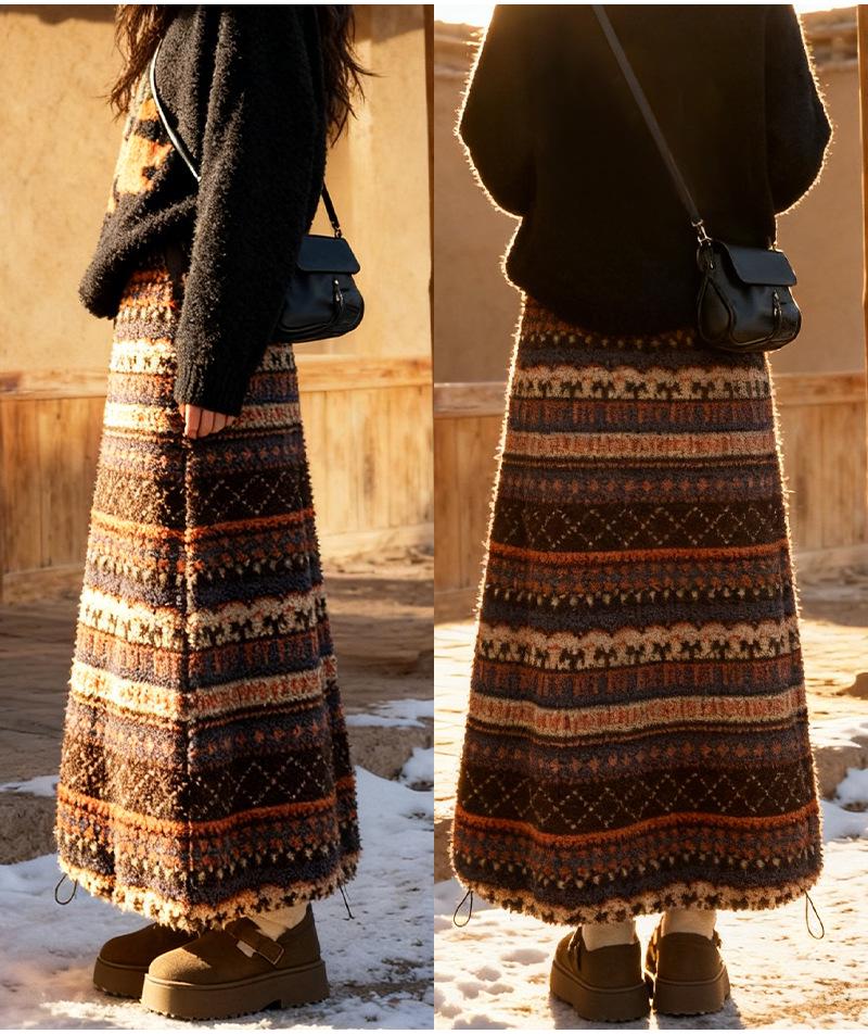 Женская флисовая юбка-фонарик в этническом стиле Fair Isle для осени/зимы