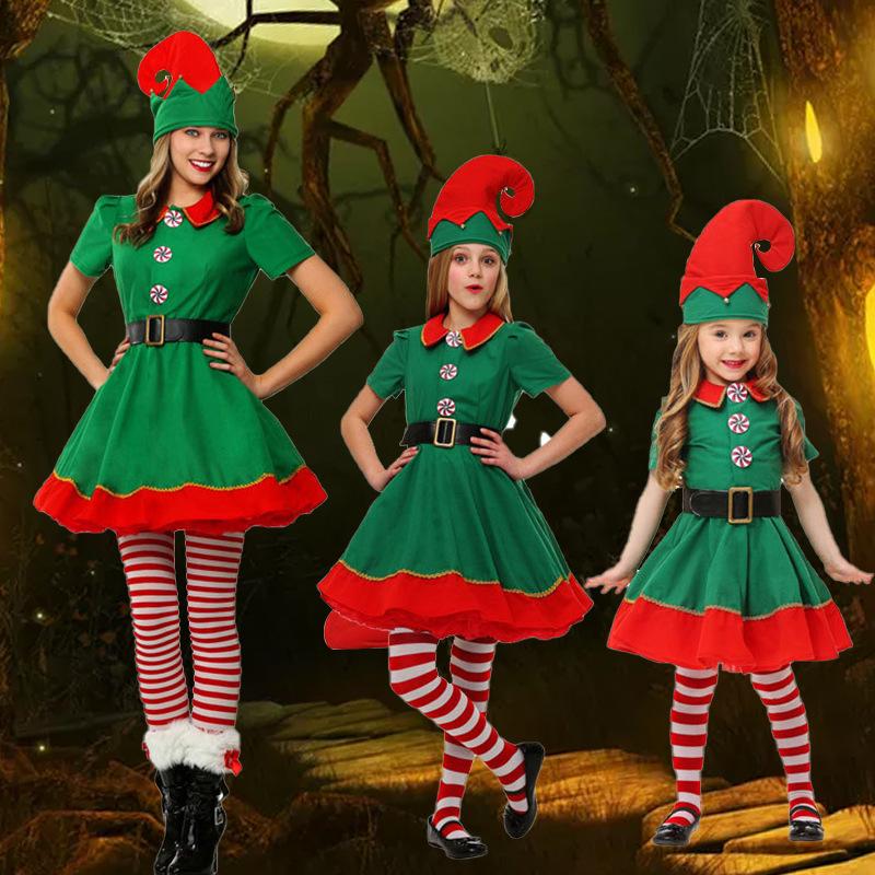 New children's Halloween costumes Christmas elf performance costumes cosplay adult men's and women's Christmas costumes