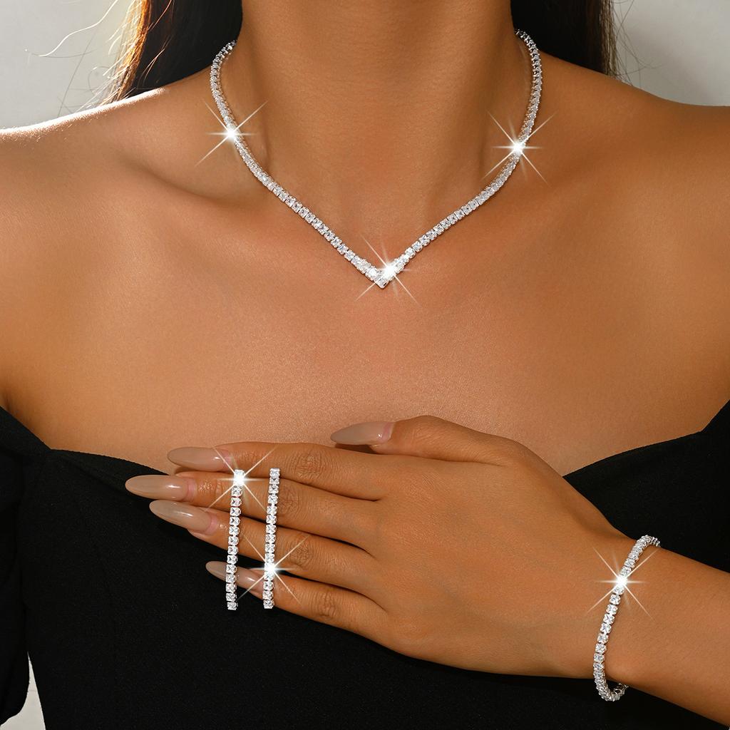Fashion Versatile V Shaped Jewelry Sets Shiny Rhinestone Tassel Earrings Tennis Bracelet Collarbone Necklaces for Women Set