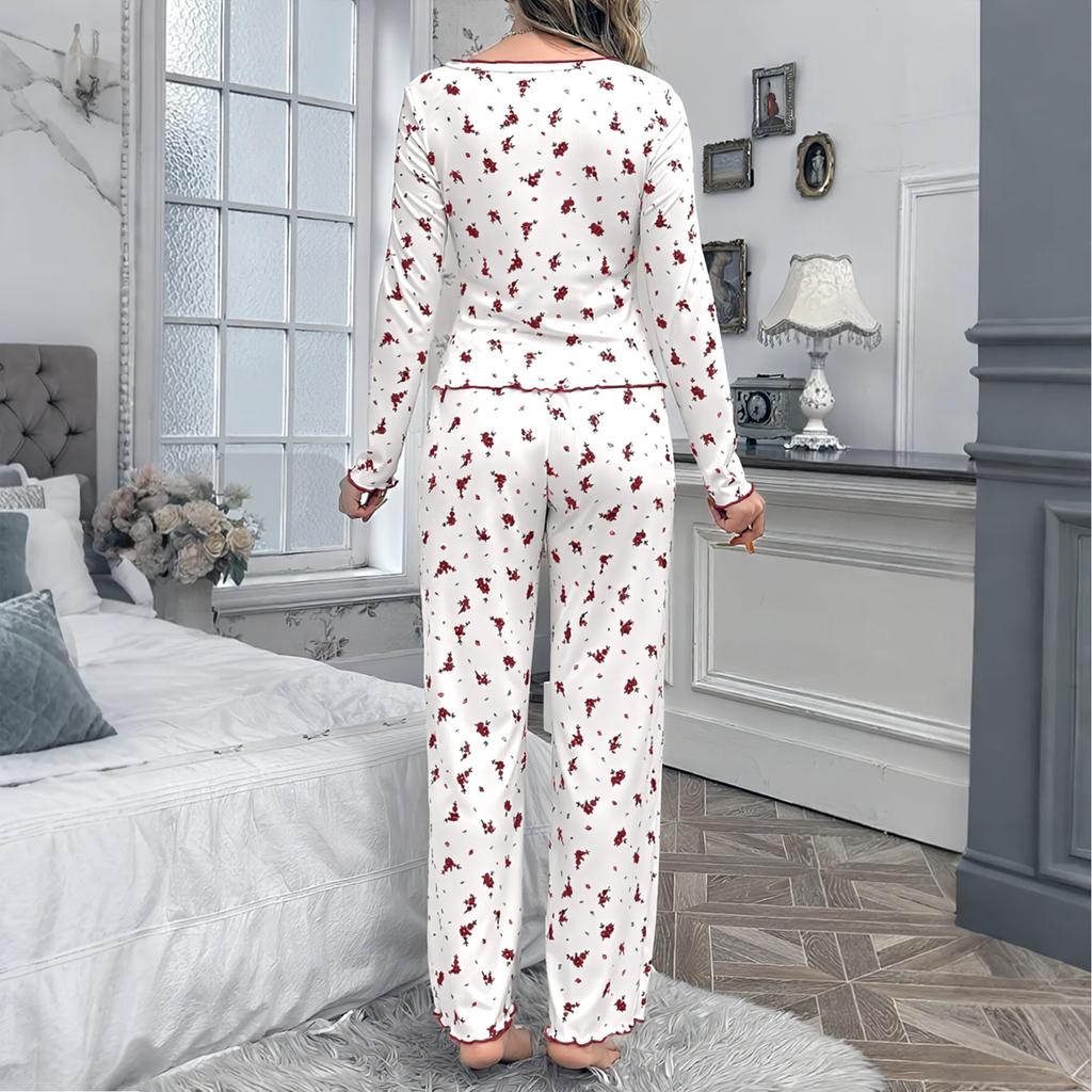 Женский костюм для сна с длинными рукавами и брюками с цветочным принтом