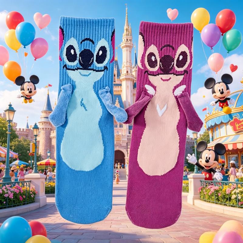 Disney Носки с рисунком Стич, держащиеся за руки, пара, розово-голубая расцветка, носки до середины голени, носки с мультяшной парой, дышащие и модные