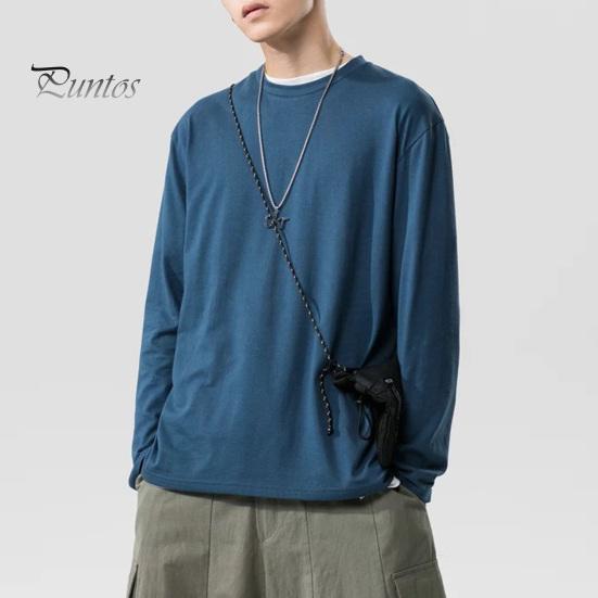 Мужская рубашка с круглым вырезом и длинным рукавом, мягкая дышащая футболка, однотонная, свободный крой, весна-лето, повседневные топы