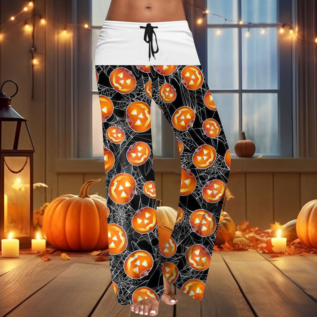Женские широкие брюки на резинке и завязках на талии для Хэллоуина, повседневные брюки с принтом