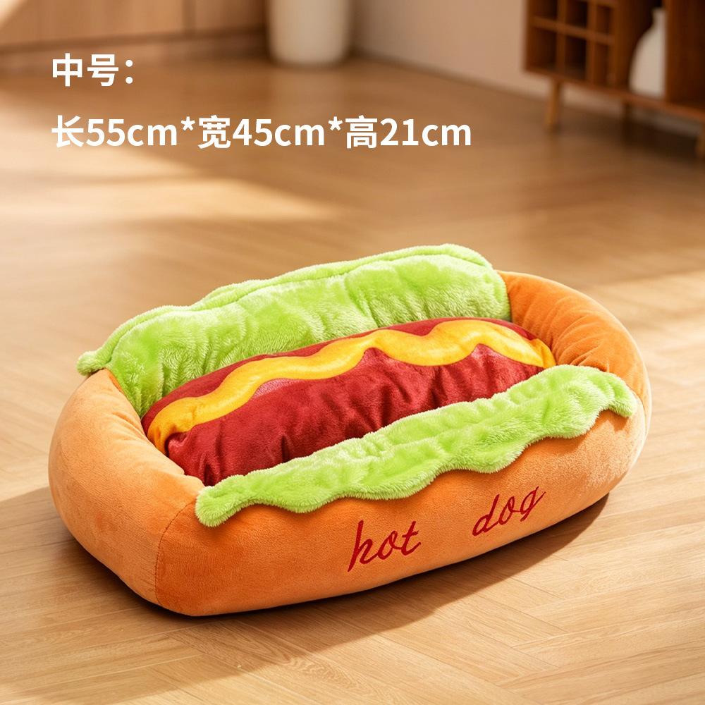 Creative Hot Dog Kennel, Cartoon Plush Pet Nest Thickened and Soft, Small and Medium-sized Cat and Dog Fun Pet Bed