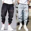 Streetwear Hip Hop Cargo Pants Men's Jeans Elastic Baggy Harem Pants Male Sports Joggers Korean Fashion Ankle Banded Denim
