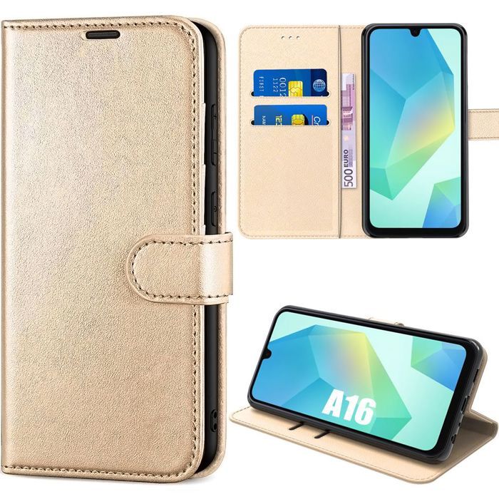 Coque - BOOLING - pour Samsung Galaxy A16 5G/4G - Protection Rabat Cuir Synthétique Antichoc Doré