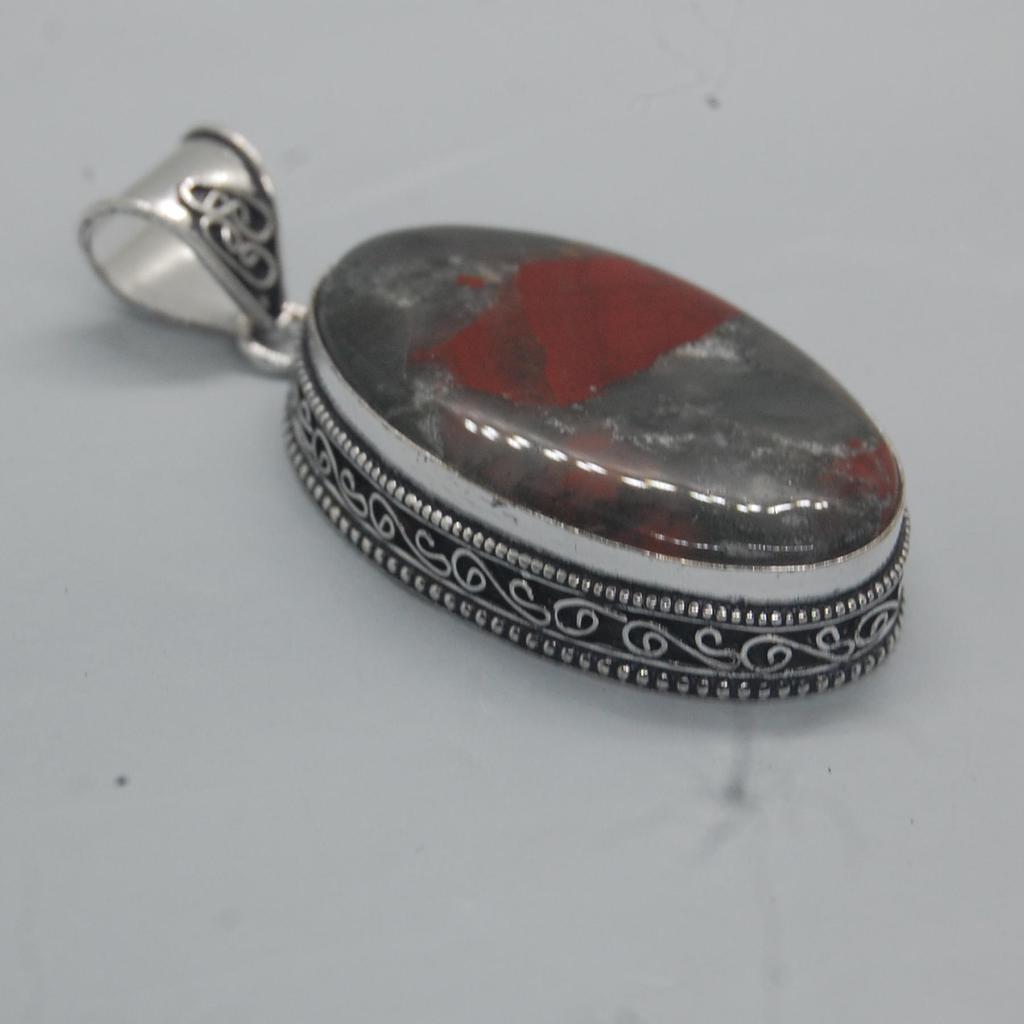 Huge Oval Cab Red Bloodstone 925 Sterling Silver Pendant Jewelry, Handmade Boho Style Pendant