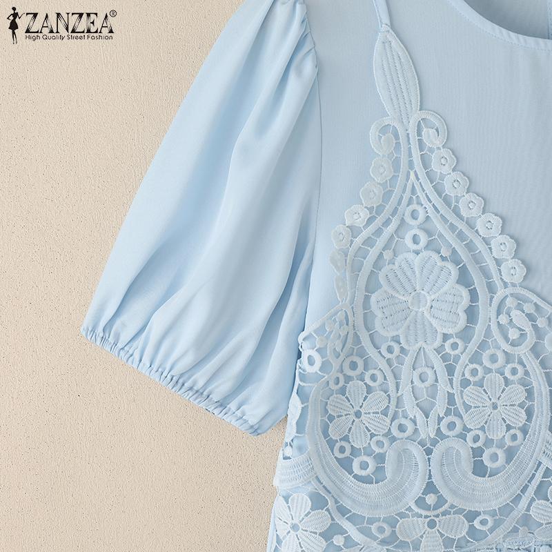 ZANZEA Женские повседневные футболки с круглым вырезом, крючком, пэчворк, летние, с коротким рукавом