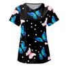 Women Fashion Butterfly Print V-neck Short Sleeve Workwear With Pockets Tops