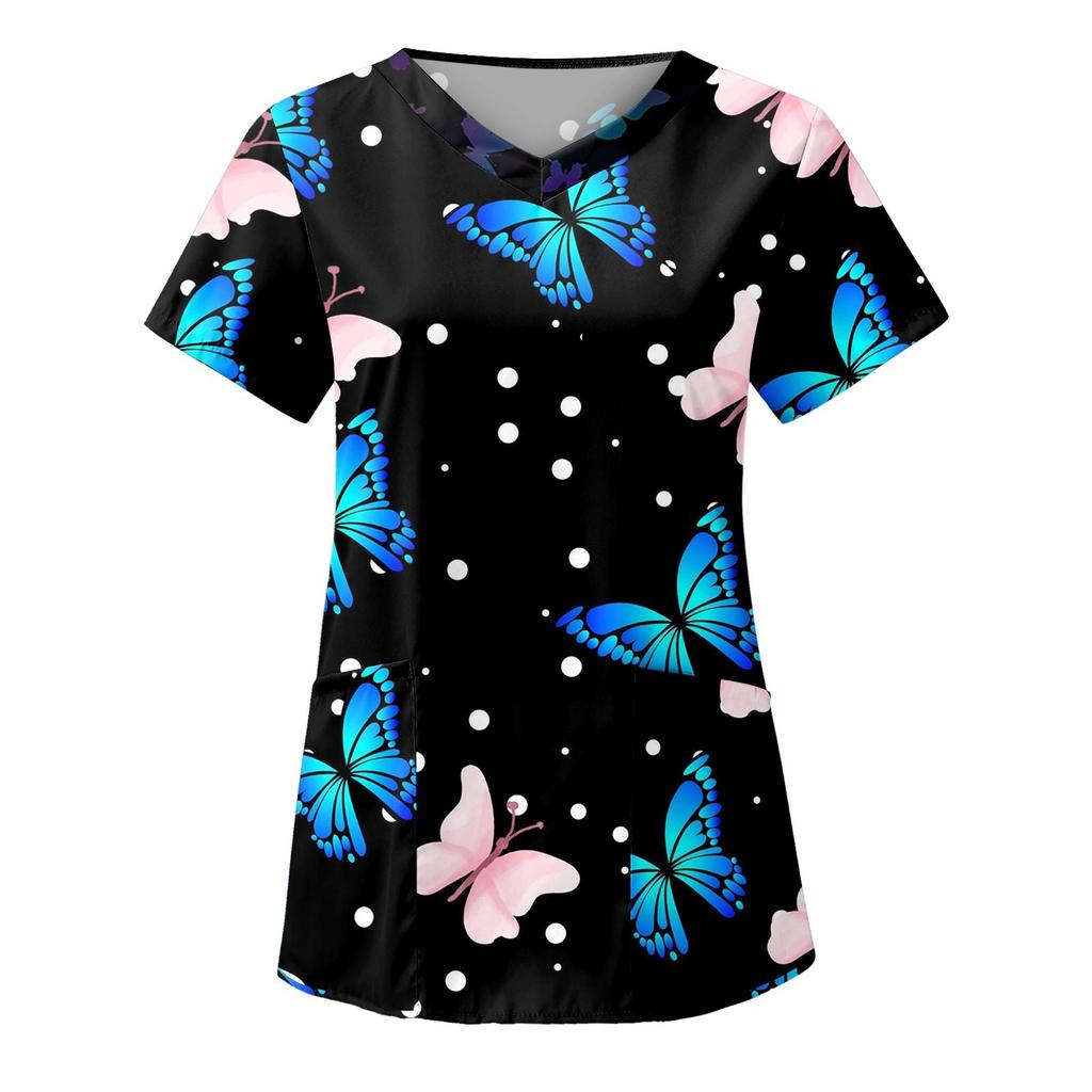 Women Fashion Butterfly Print V-neck Short Sleeve Workwear With Pockets Tops