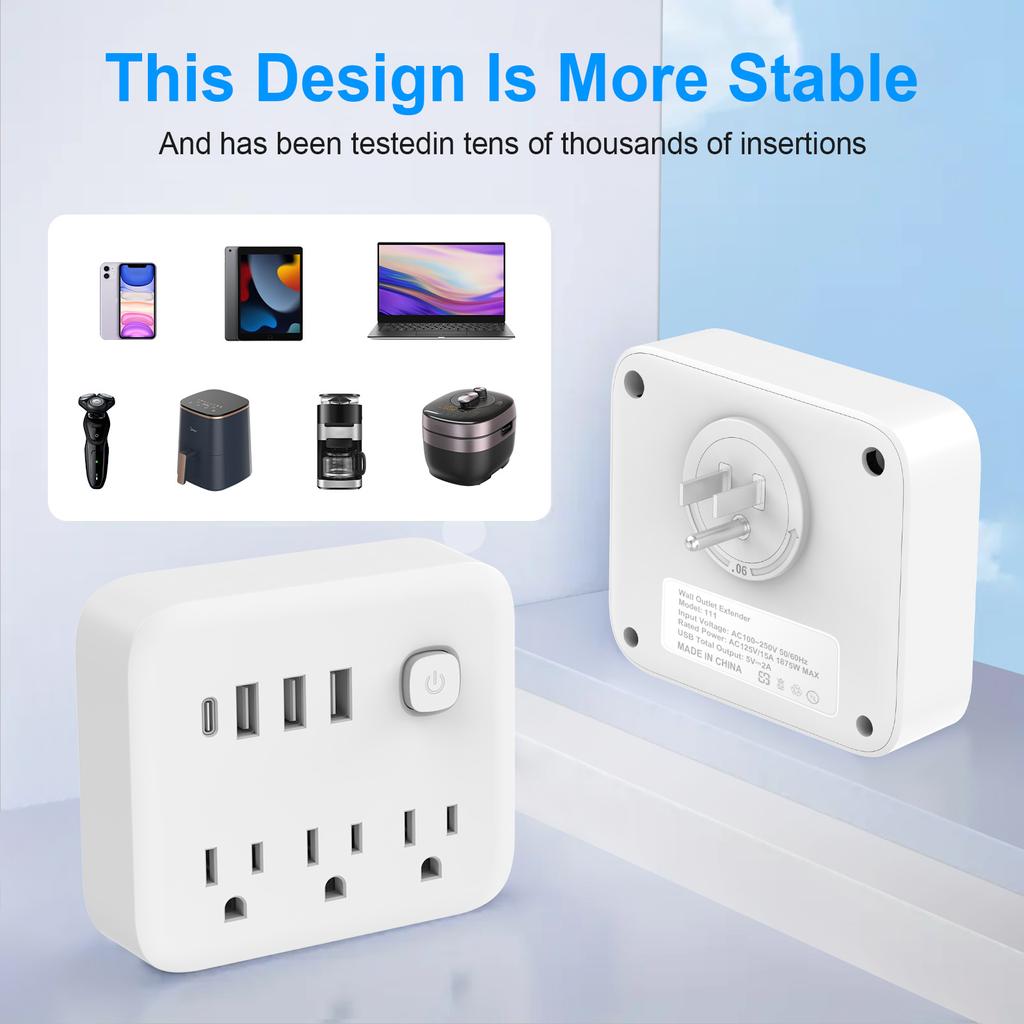 Multi Function USA Standard Plug Adapter with 3 AC Outlets 3 USB Ports Plus 1 Type C Ports Converter for Travel
