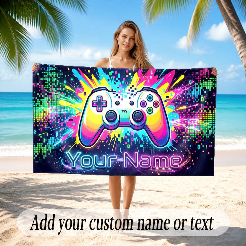 Game Controller Theme Soft Beach Towel Personalized Custom Name Text Towel Portable for Beach Pool Travel