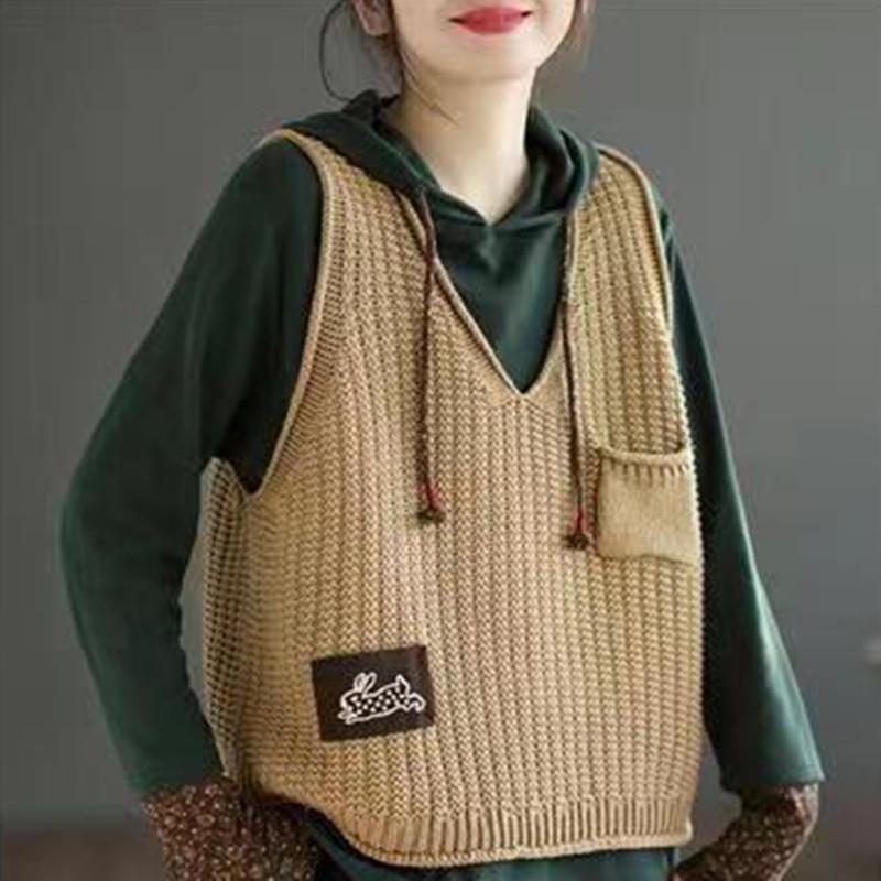 Винтажная мода V-образный вырез однотонный свитер жилет женский свободный повседневный универсальный пэчворк вязаный джемпер весенняя женская одежда