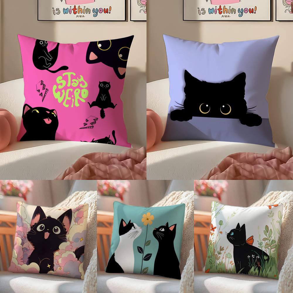 Cute Tiny Adorable Art Cartoon Little Black Cat Cushion Cover Pillowcase Short Plush Invisible zipper Room Sofa Cushion Cover