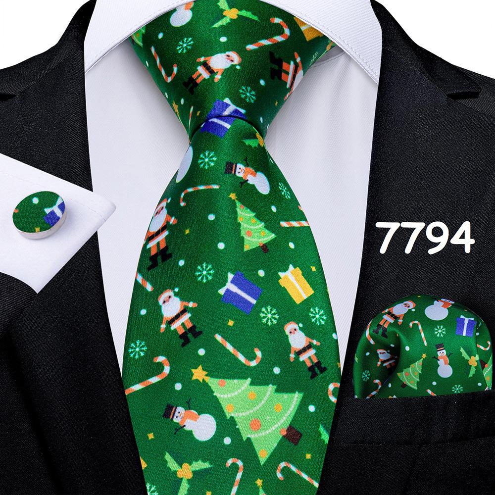Mens Christmas Tie Set Red Blue Green 8cm Wide Silk Neck Tie Hanky Cufflinks Set Gift For Men Accessories