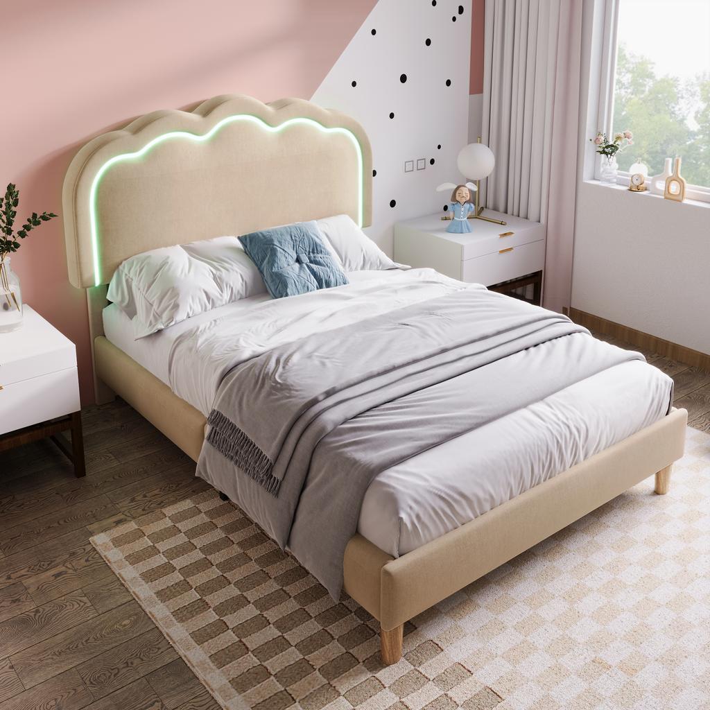 Upholstered Bed LED Single Bed 90 x 200 cm, Slatted Frame and Adjustable Headboard, in Beige, Youth Bed for Bedroom Guest Room - Linen Material