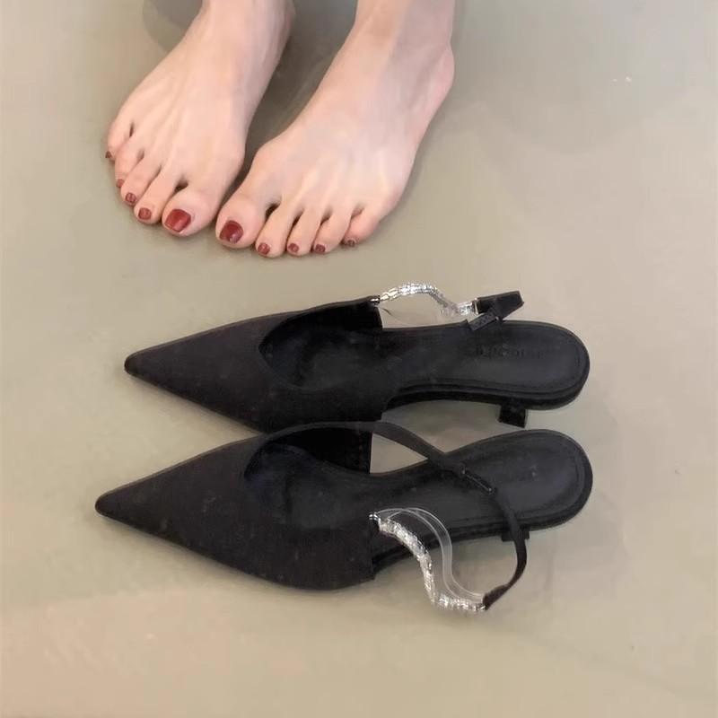 French celebrity high heels 2025 spring and summer temperament elegant rhinestone pointed head shallow mouth thin heel bag head empty sandals