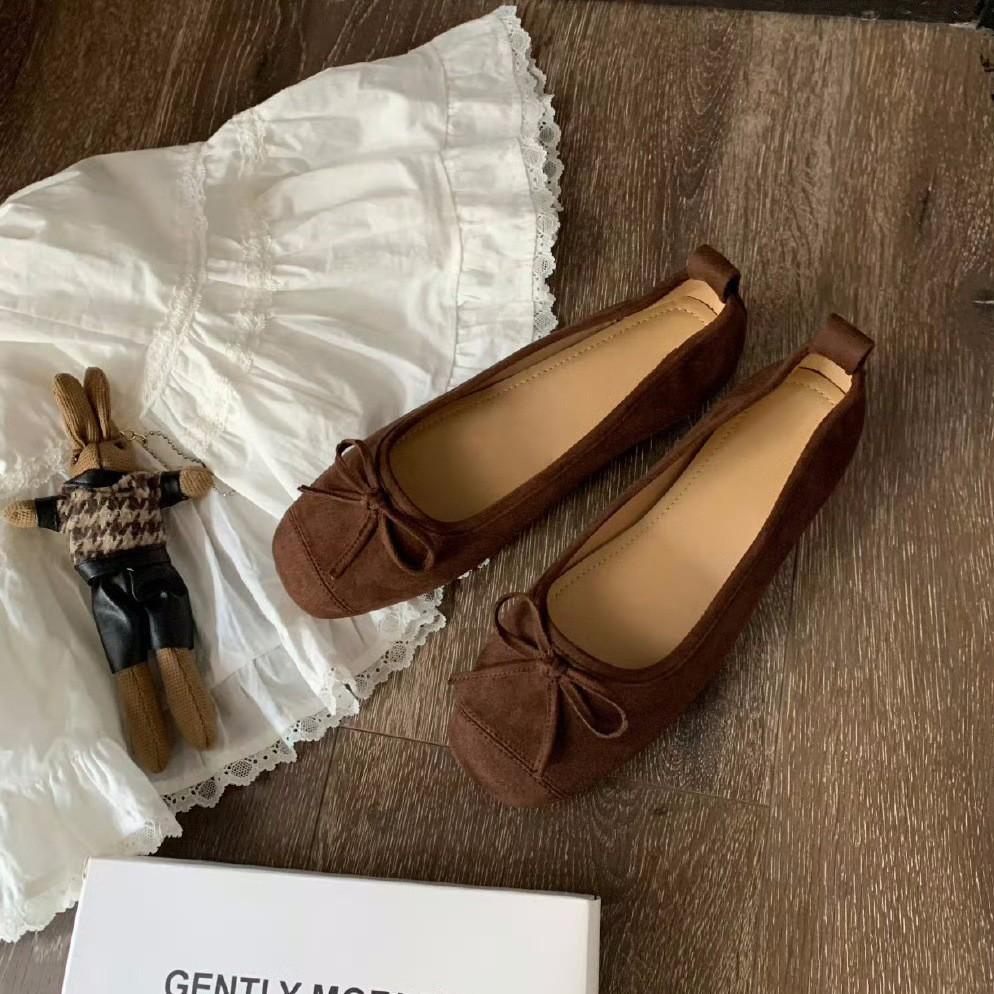 Cowhide Version~ French Bow Leather Ballet Shoes Women's Small Heel Single Shoes Mary Jane Ballet Flat Shoes Low Heel