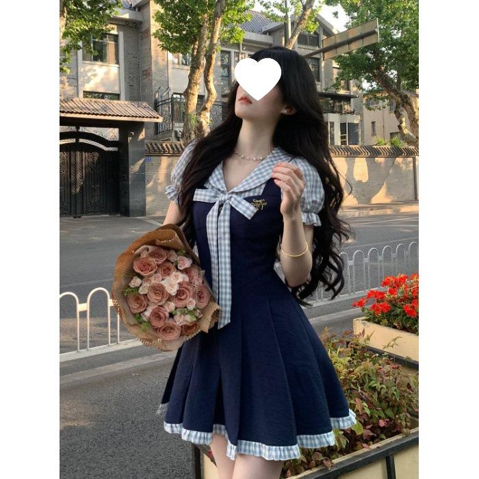 Summer new academic style fashion age reduction design bow fake two-piece dress female student A-shaped dress