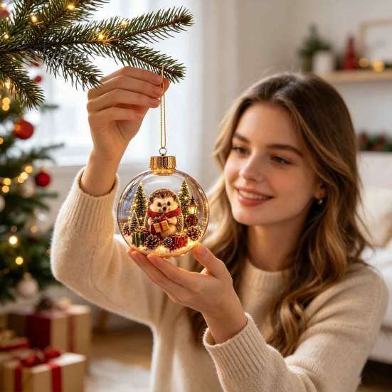 Luminous Holiday Hanging Decorations Glowing Christmas Story Ornament, Light-Up Ball Decor with Warm LED Light, Miniature Scene Ornaments Mini