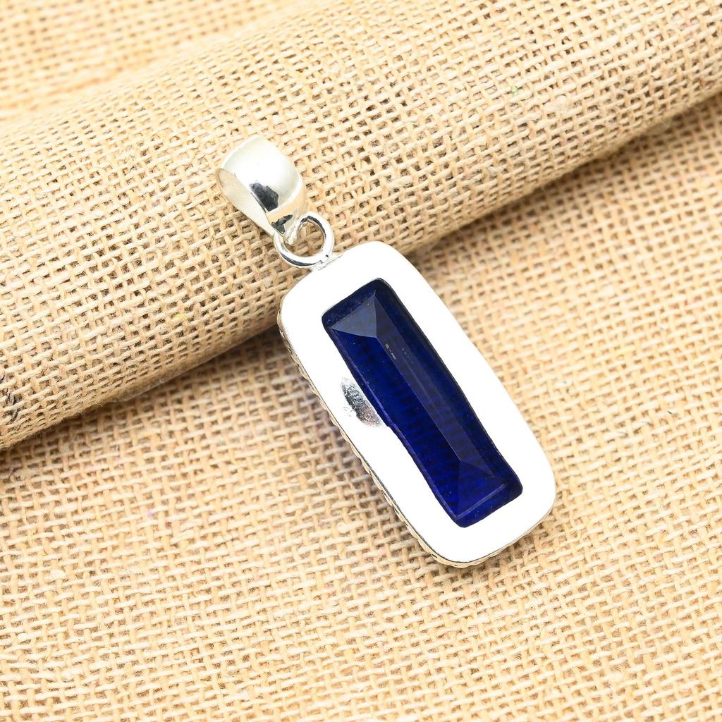Подвеска из чистого серебра 925 пробы с синим сапфиром, созданный в лаборатории драгоценный камень ручной работы