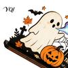 Halloween Gift for Home Decor Ghost Ornaments with Pumpkin Tombstone and Bat Elements, Wooden Flame Breathing Desktop Tabletop Decorations Indoor