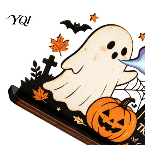 Halloween Gift for Home Decor Ghost Ornaments with Pumpkin Tombstone and Bat Elements, Wooden Flame Breathing Desktop Tabletop Decorations Indoor