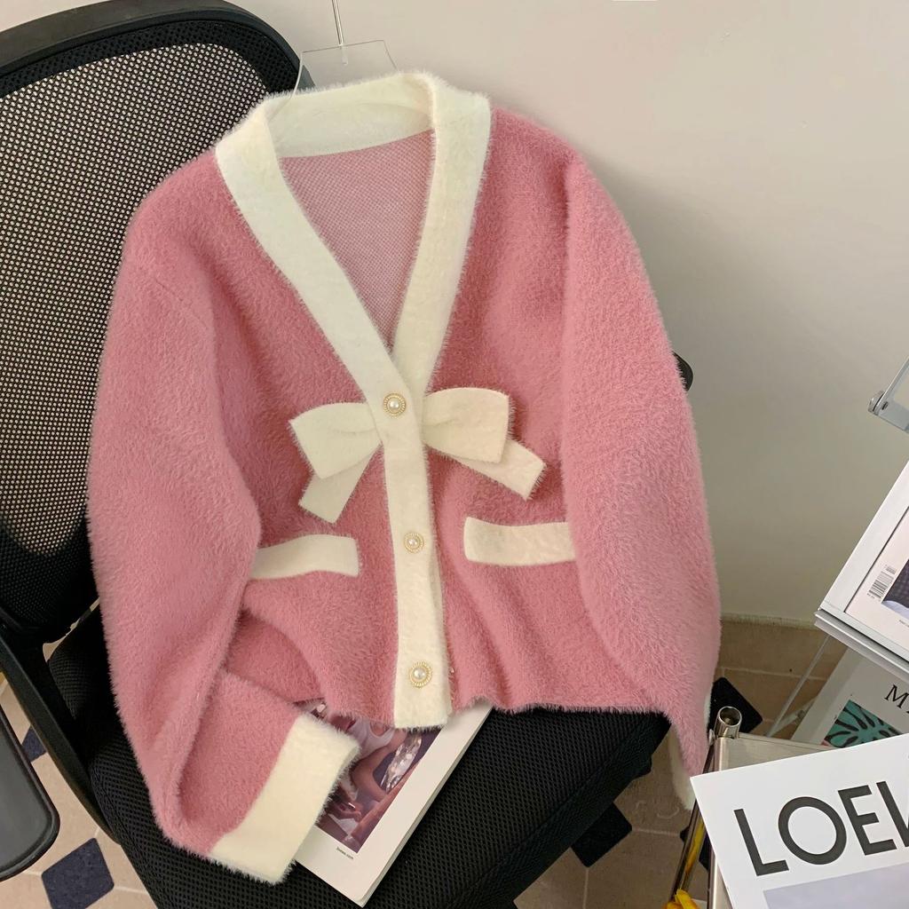 Осенне-зимний женский свитер из искусственного норкового бархата с v-образным вырезом, маленький вязаный кардиган в парфюмерном стиле, короткая куртка